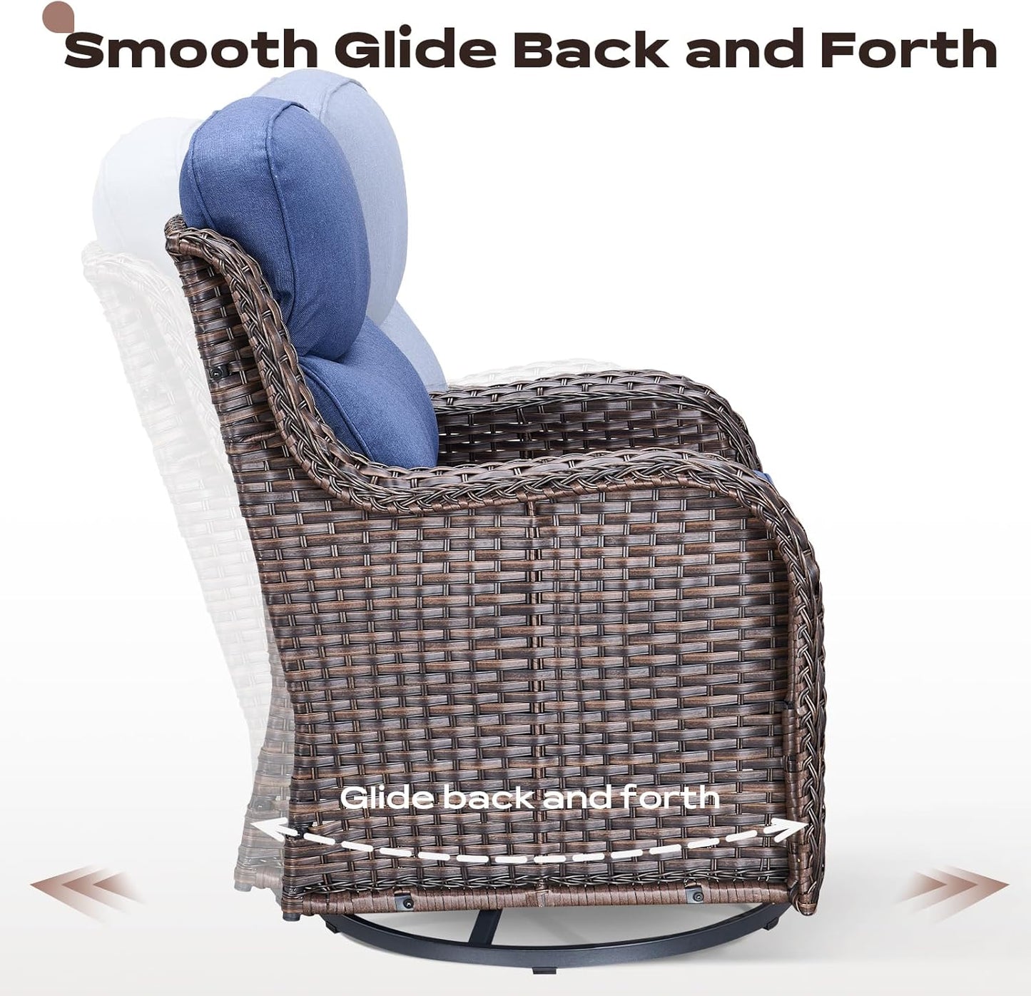 4 Piece Outdoor Patio Swivel Rocker Chairs, Waterproof Wicker, High Back, Deep Seating, Wide Armrest, Upgraded 6 inch Thick Cushions, Ideal for Deck Porch Backyard, Brown/Blue