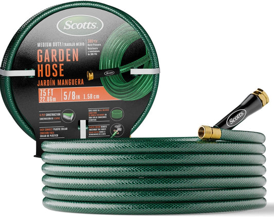 Scotts 75 ft. Garden Hose – 5/8 in. Diameter, 4-Ply Construction, 300 PSI, High-Pressure, Easy-to-Coil Water Hose with Crush-Resistant Couplings, Easy to Connect for Lawn and Garden Use