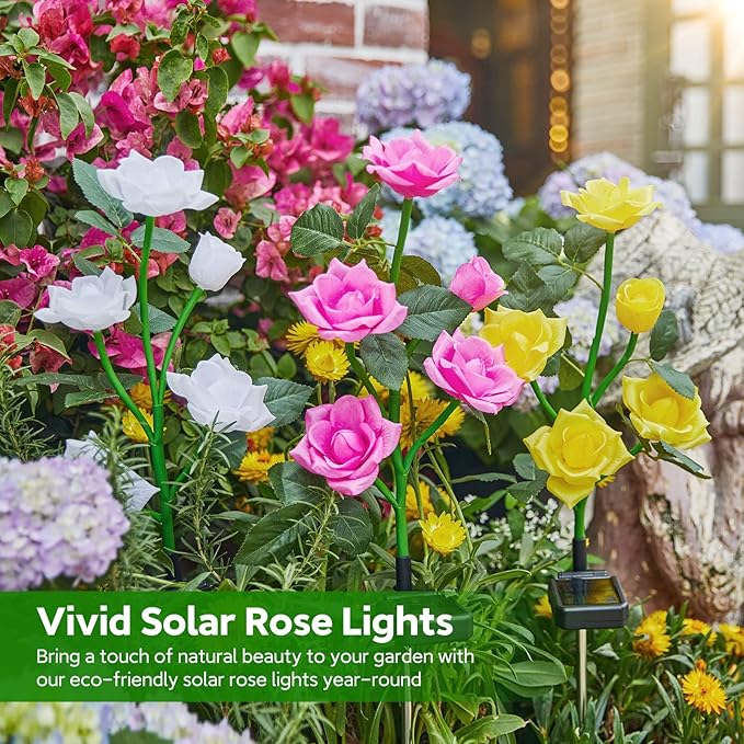 RECHOO Solar Garden Lights Outdoor Decorative, 3 Pack Solar Flower Lights with 15 Rose Flowers, Multi-Color Changing LED Waterproof Garden Decor for Patio Yard Pathway Decoration