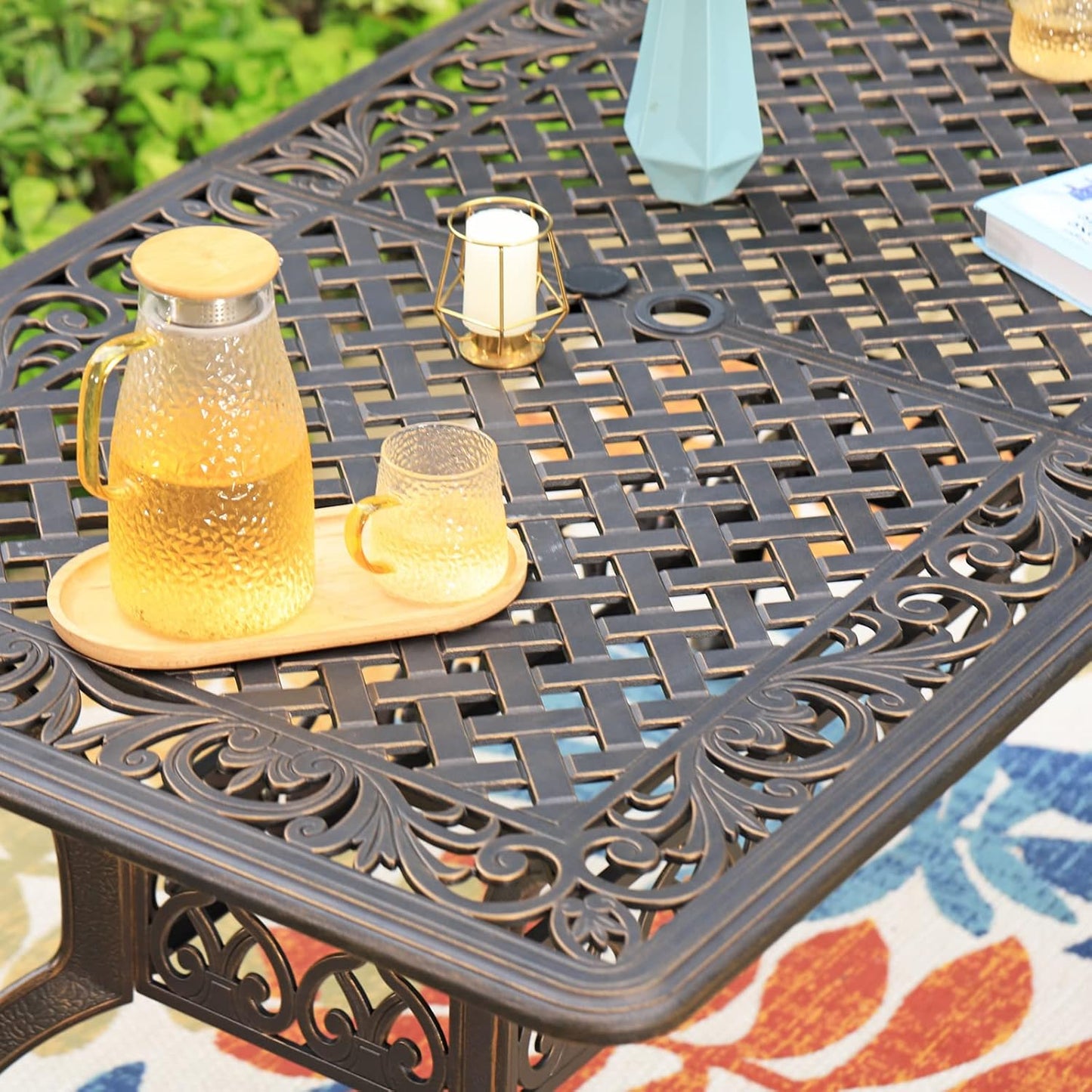 Sophia & William 6-Person Cast Aluminium Outdoor Dining Table Rectangular, Patio Bistro Table with 1.97" Umbrella Hole, Bronze