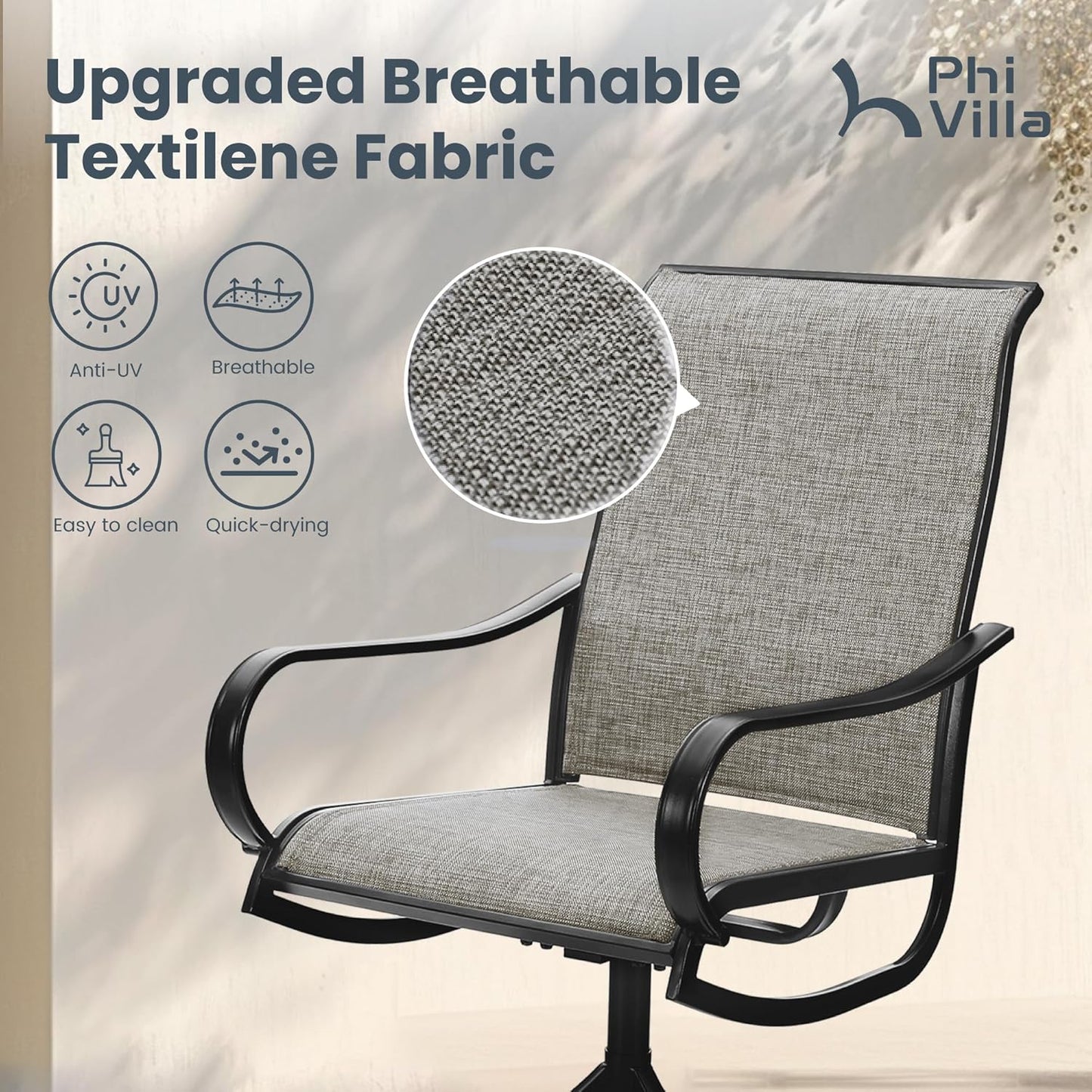 PHI VILLA Patio Swivel Dining Chairs Set of 4 Outdoor Metal Chair with Textilene Mesh Fabric, Patio Gentle Rocker Chair, Black Frame for Deck Garden