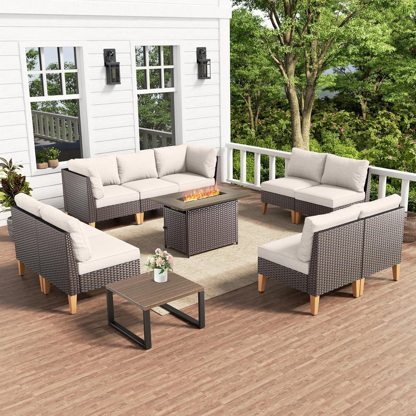HUMMUH 11 Pieces Patio Furniture Set with Fire Pit,Outdoor Modular Sectional Couch Loveseat Chairs with Table,All Weather PE Wicker Patio Conversation Sets for Deck Porch Backyard