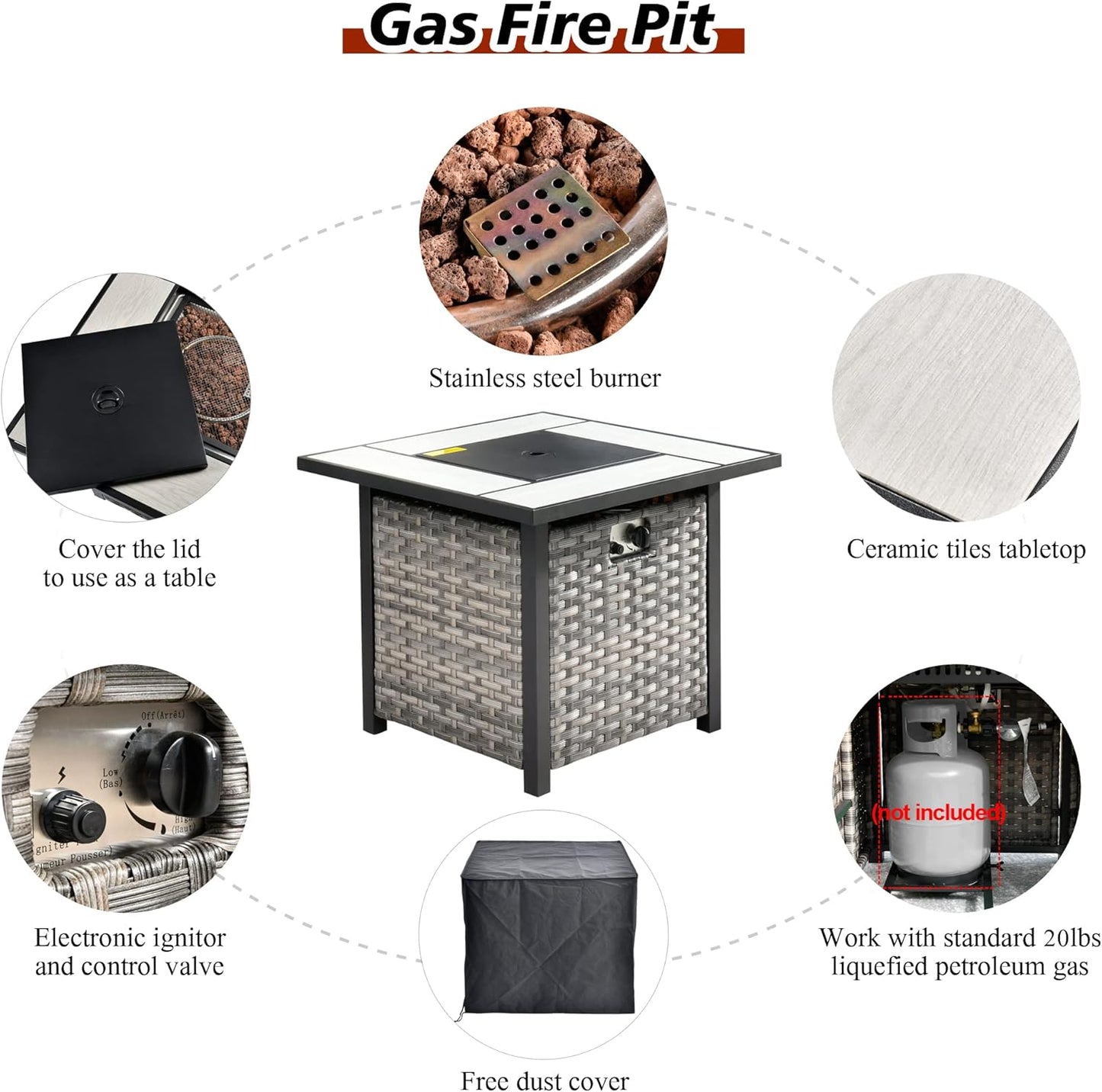 HOOOWOOO 9 Piece Modular Patio Outdoor Sectional Furniture Set with Gas Propane Fire Pit Table,Wicker Conversation Sofa Set with Swivel Chairs,Outside Couch Set(Orange Red)