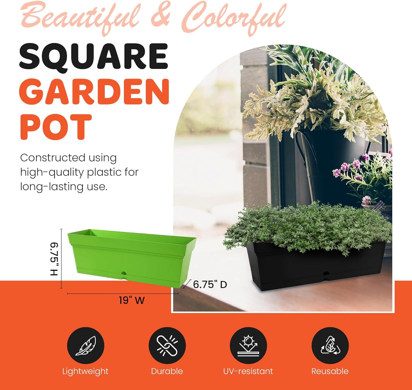 Mintra Window Box Planter, Window Planter Box for Indoor Outdoor Use, Rectangular Pots with Saucers & Drainage Holes, Decorative Plant Pots for Window Sill, Shelf, Desktop, 19" Wx6.75 H, Red