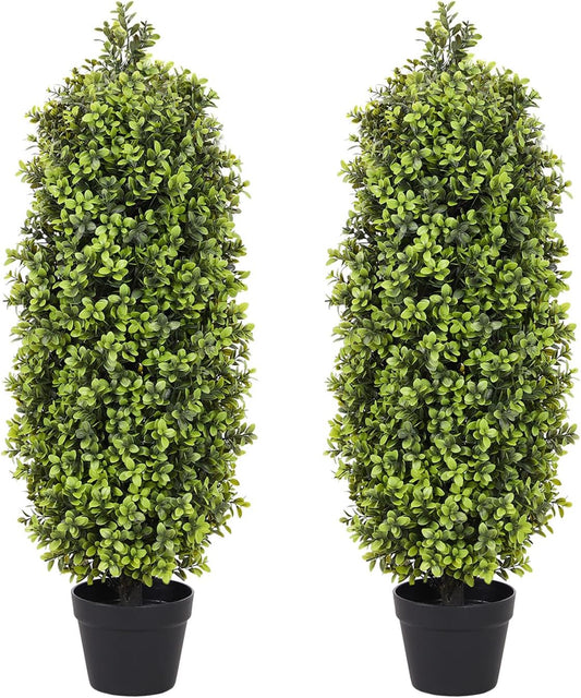 3ft Artificial Boxwood Topiary Trees (Set of 2) - UV Resistant Faux Plants for Outdoor/Indoor, Realistic 36in Fake Bushes and Shrubs for Front Porch, Planter, Patio - Low Maintenance & Evergreen