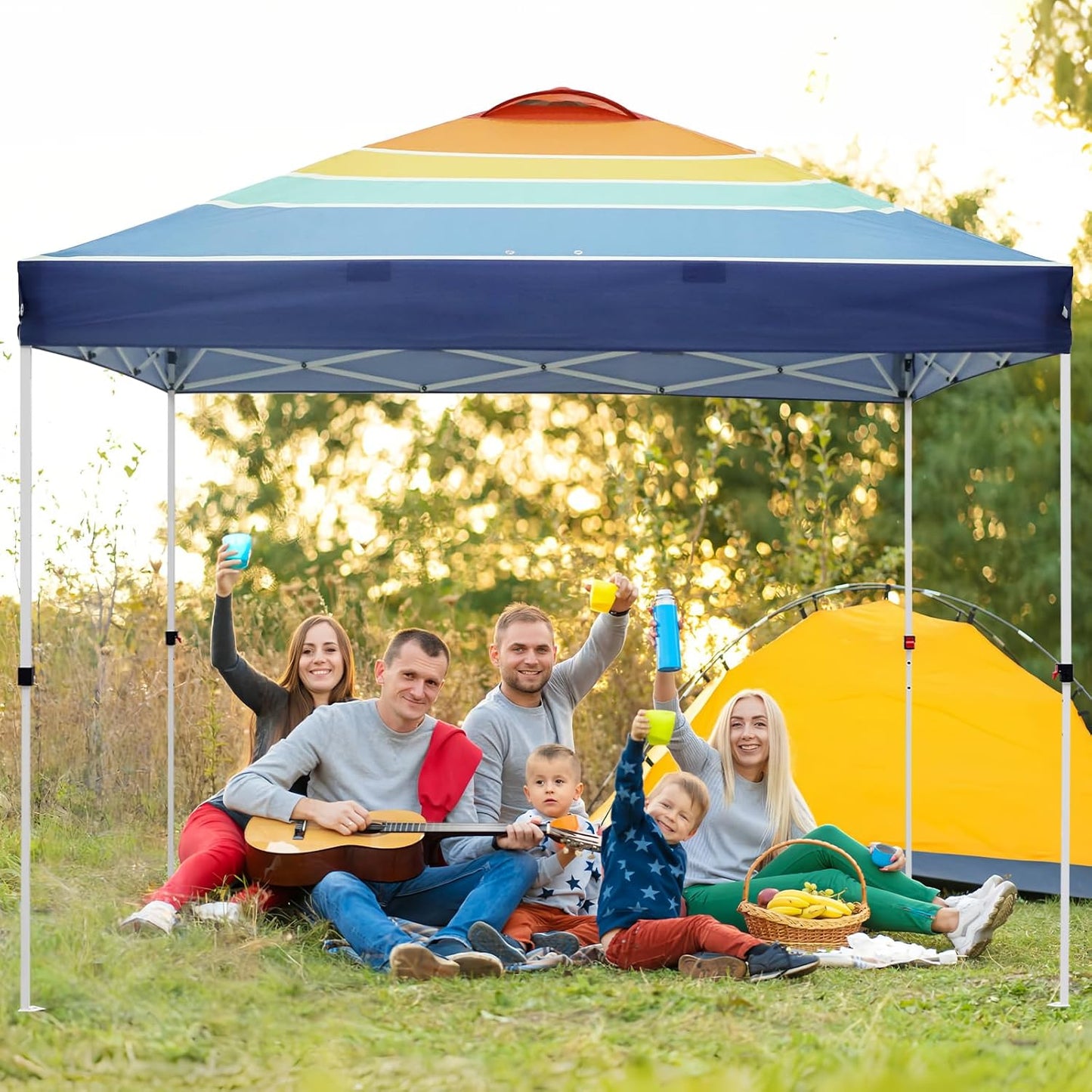 EAGLE PEAK Pop Up Canopy Tent with Wheeled Carry Bag, 8 Stakes, 4 Ropes, 4 Weight Bags, Easy Set Up Tent Canopy, 10x10 ft, 100sqft of Shade, Retro Stripe Multi