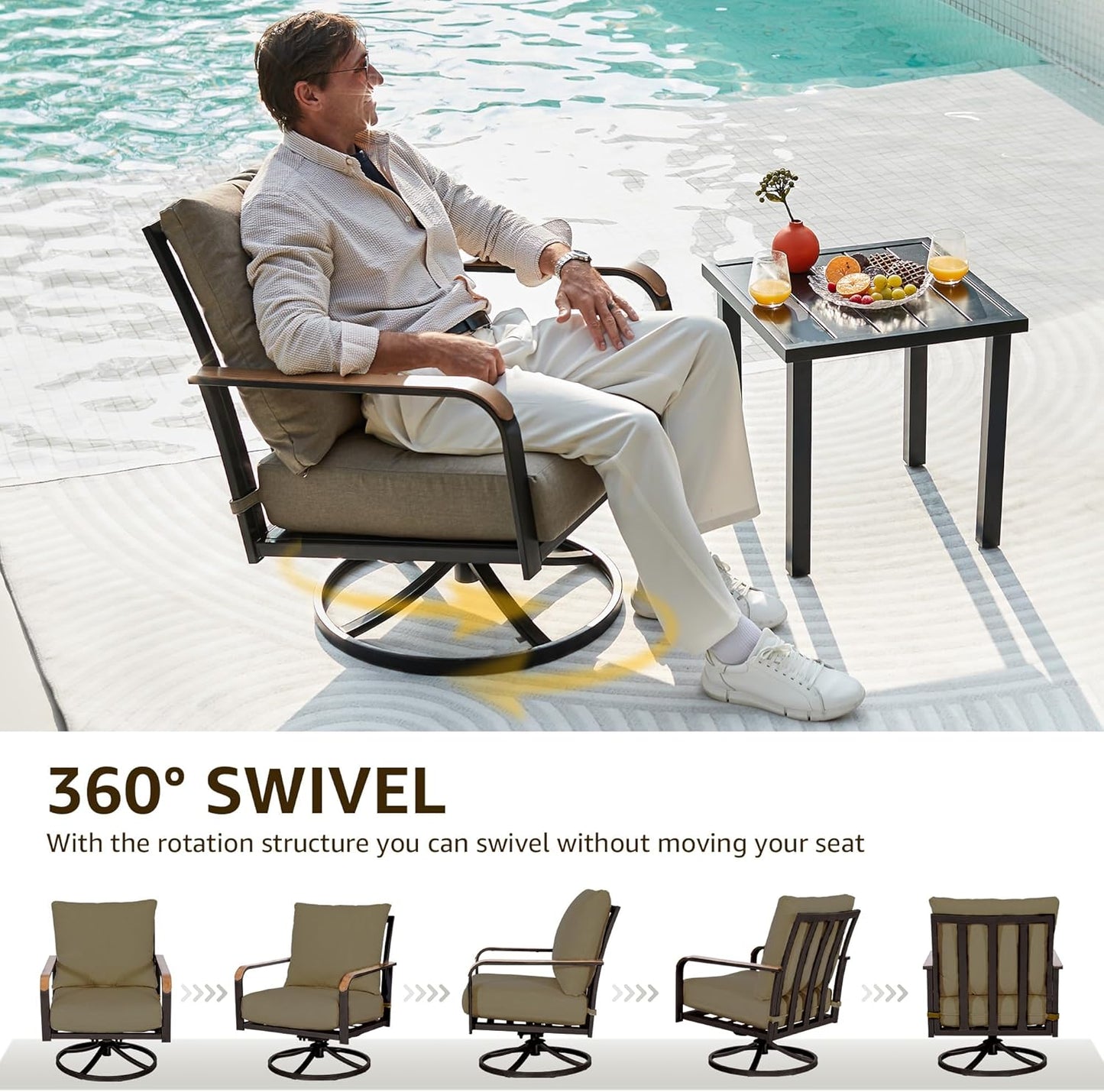 NATURAL EXPRESSIONS Outdoor Bistro Set, 3 Piece Swivel Glider Rocking Chairs Patio Conversation Furniture Set with 2 Rockers, 1 Metal Table and 6" Thick Cushions for Backyard, Porch, Balcony, 350lbs.