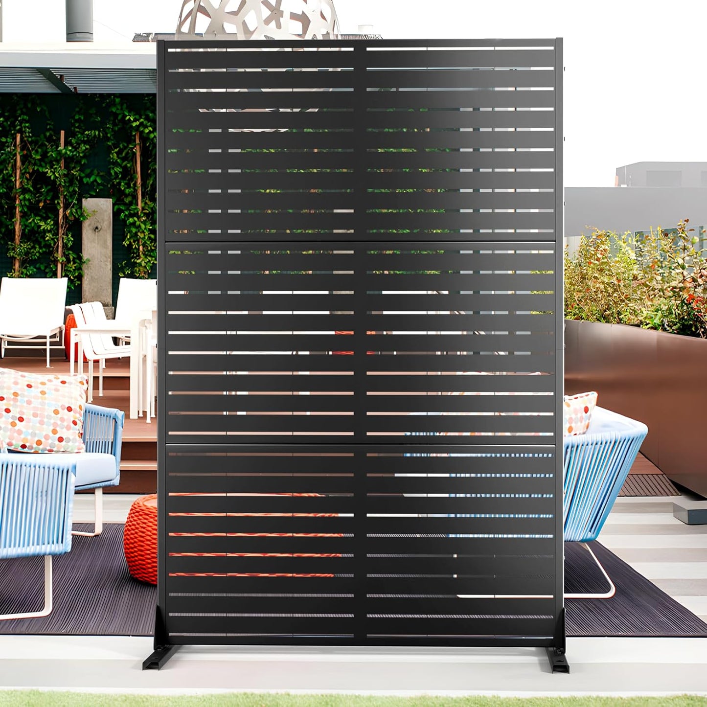 Metal Privacy Screen with Stand 72" H×47" W Outdoor Freestanding Privacy Screen & Panels, Outdoor Privacy Screen for Deck Patio Balcony(Black-Louvered)