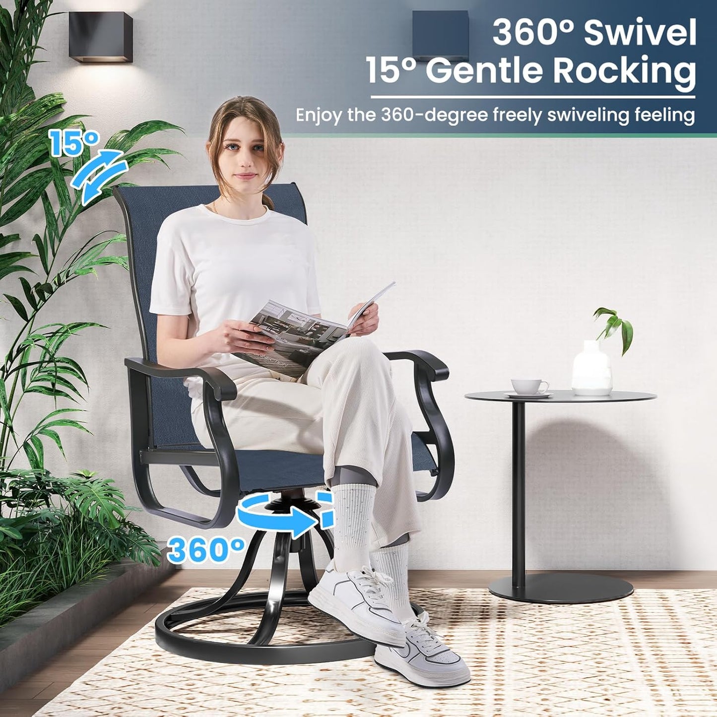 Amopatio Patio Swivel Chairs Set of 2, Outdoor Swivel Rocker Dining Chairs with All Weather Textilene High Back & Metal Frame, for Backyard Deck Lawn Garden, Navy Blue