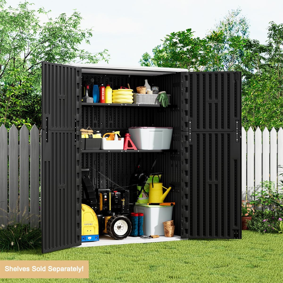 KINYING Outdoor Vertical Storage Shed,57 Cu.ft Outdoor Storage Cabinet Waterproof,Resin Sheds & Outdoor Storage Clearance for Garden,Patio,Backyard,Lockable (Black)