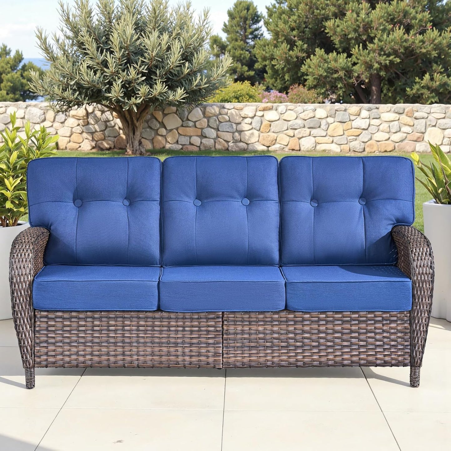 9-Piece Rotating Balcony Chair Set with 31-inch T-Shaped Wide backrest - Rattan Outdoor Rotating Balcony Chairs, Wide backrest Comfortable Outdoor Sliding Chair - Brown | Blue