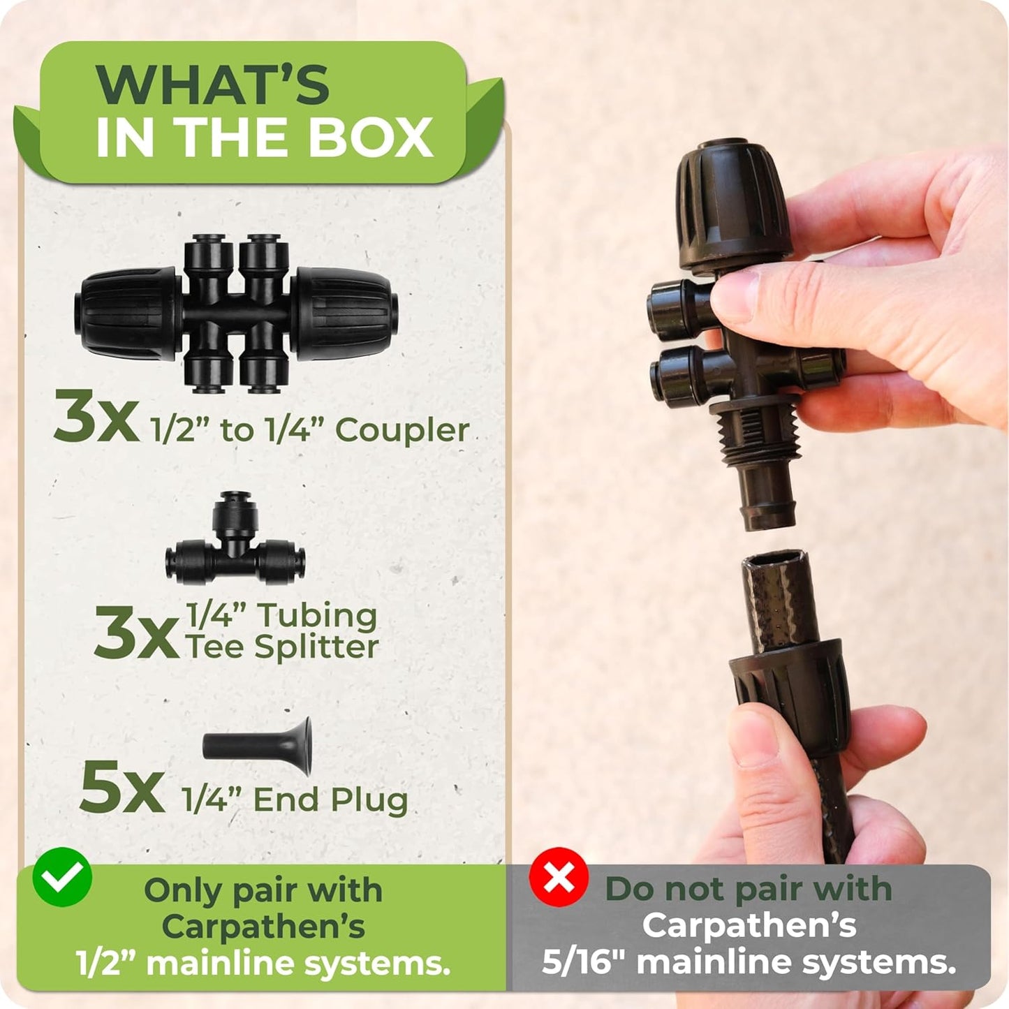 Carpathen Drip Irrigation Fittings Pack - Push-to-Connect Irrigation System Compatible - 3 x 4Way Coupler 1/2" to 1/4", 3 x 3 Way Tee T Shape Barbed 1/4 Drip Tubing Splitter, 5 x 1/4 End Plugs