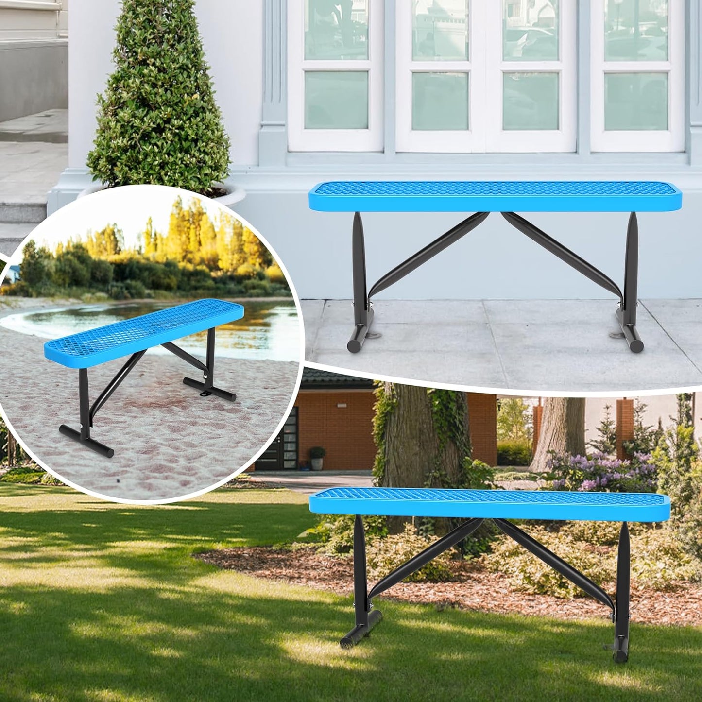 48" L Outdoor Steel Flat Bench, Heavy Duty Metal Park Bench for Outside, Expanded Metal, Commercial Benches Mesh Bench for Shopping Mall, Store, Lawn, Park, Patio, Deck, Garden (Blue, 4FT)