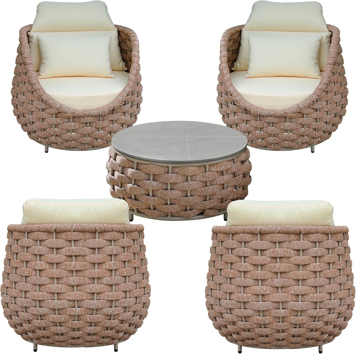 TWT Aluminum Outdoor Patio Furniture Set, 4 Textilene Armchairs Modern Outdoor Conversation Set Outdoor Single Sofa with Upgrade Cushion and Coffee Table for Balcony, Light Brown