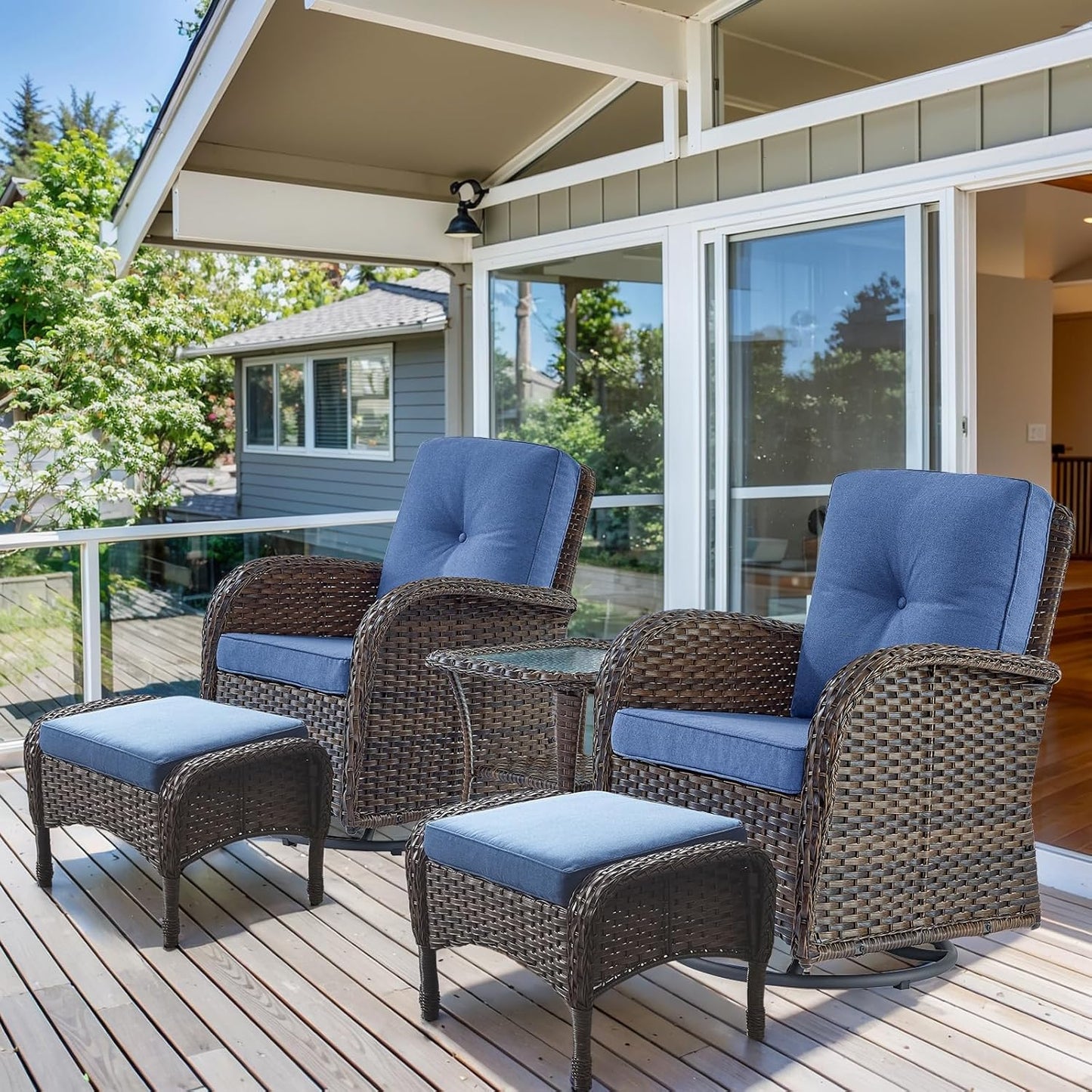 HUMMUH 5 Pieces Wicker Patio Furniture Set,Outdoor Swivel Gliders Rocker,Patio Ottomans,Glass Top Side Table,Outdoor Conversation Set for Porch Deck Backyard Poolside