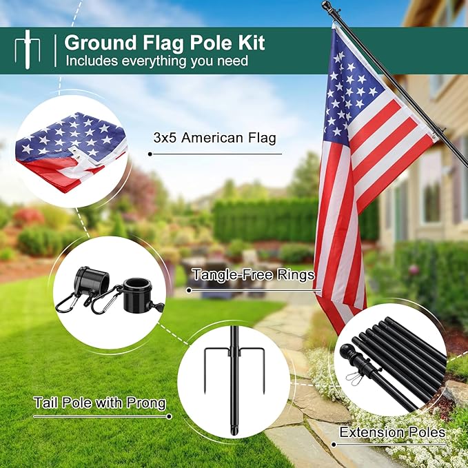 Barcetine 4-Pack Ground Flag Pole Kit - 8.5FT Tangle Free with Anti-Tip Stand Prong -1 inch Heavy Duty Portable Inground Flag Holder for Yard Garden Outdoor, Bonus 3x5 US Flag, Black