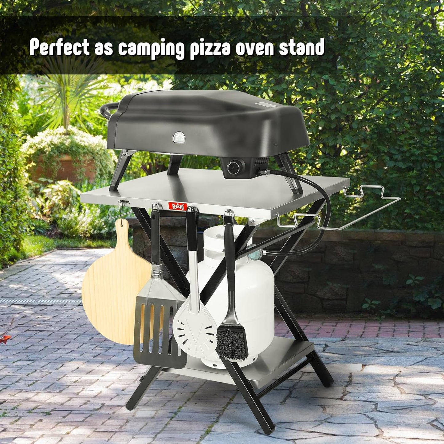 Outdoor Grill Table, Foldable Pizza Oven Stand & Blackstone Griddle Stand with Garage Rack & Tissue Holder, Folding Outdoor Prep Table for Gathering and Party, 30" x 24", Stainless Steel