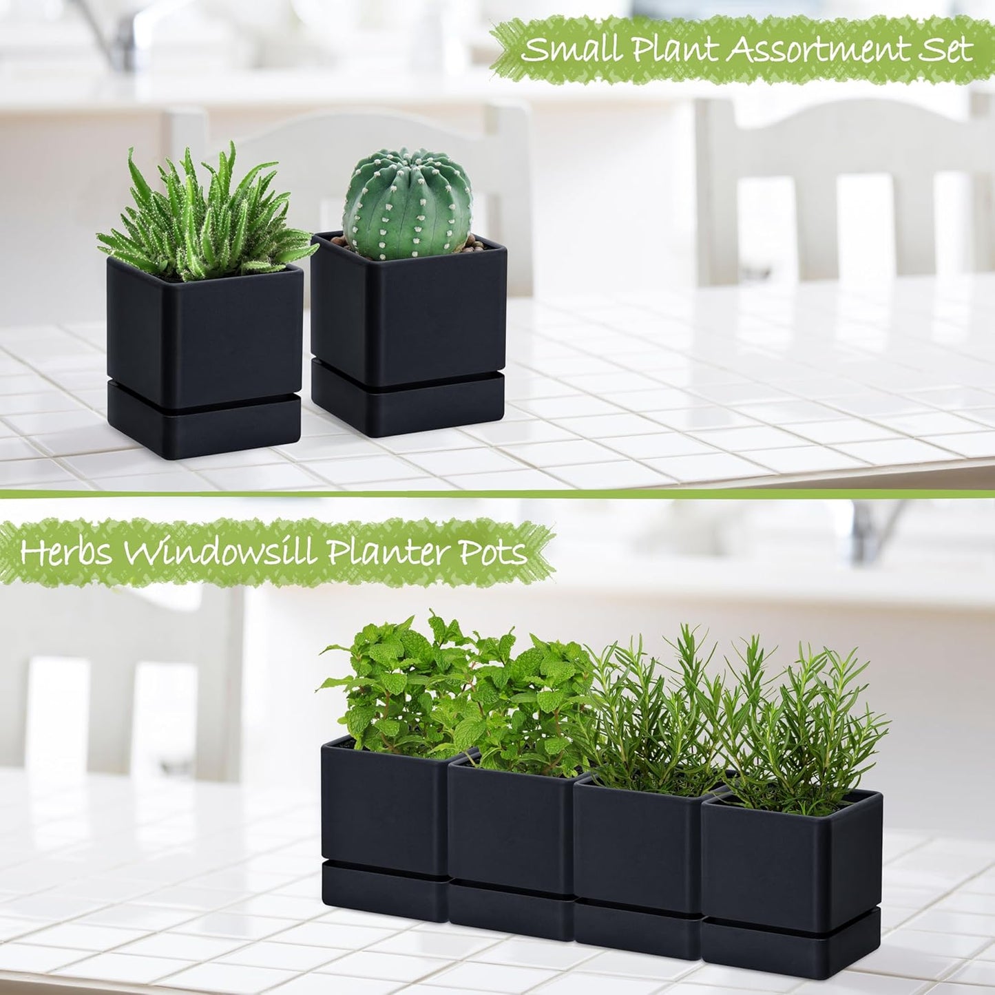 4 Inch Herb Planter Pot, Plastic Planter with Drainage Holes and Saucer, Modern Decorative Gardening Pot for Indoor Plants, Flowers, Herbs, Succulents, Black, Set of 4, 76-Y-B-4