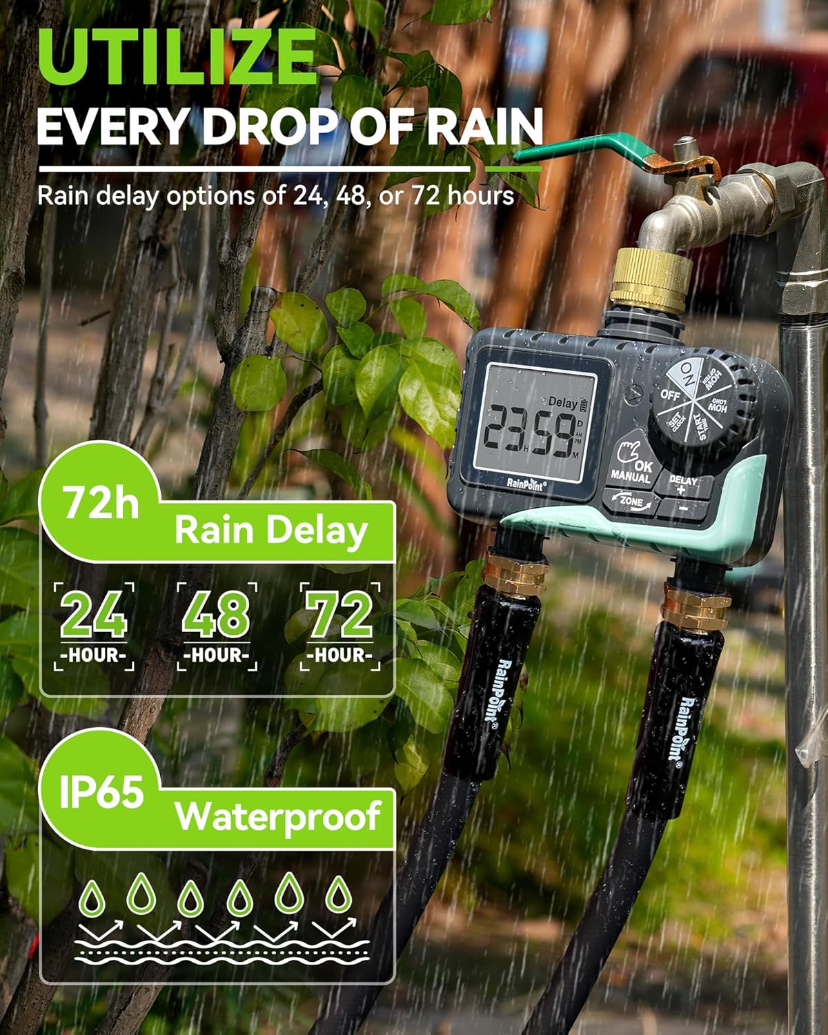 RAINPOINT Water Timer for Garden Hose - Sprinkler Timer with Brass Swivel - Rain Delay/Manual Watering/Automatic Irrigation Programmable Faucet for Yard, 2 Outlet