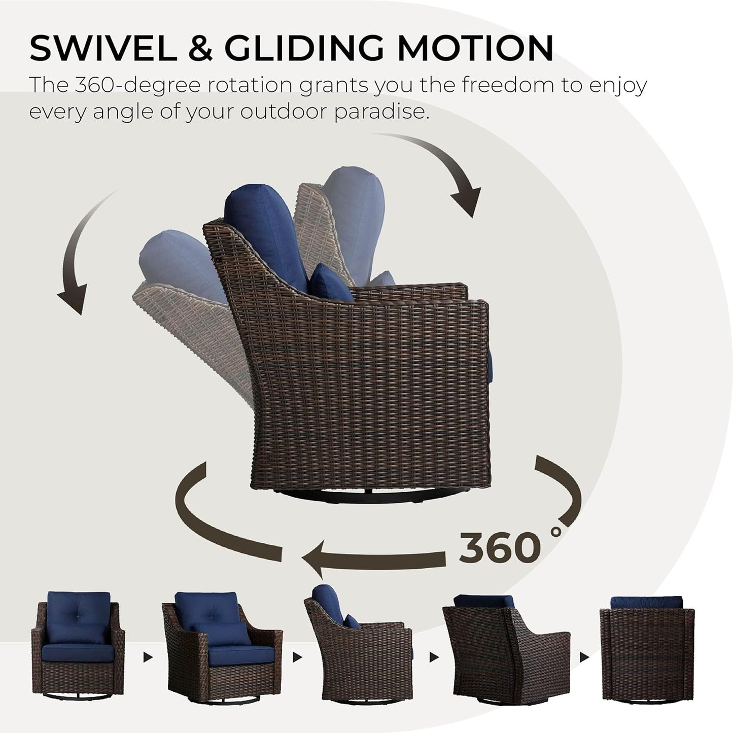 CHITA 3 Pieces Wicker Patio Bistro Set, Outdoor Furniture Set with 2 Pieces Rattan Rocking Swivel Chairs, Thickened Cushions and Side Table