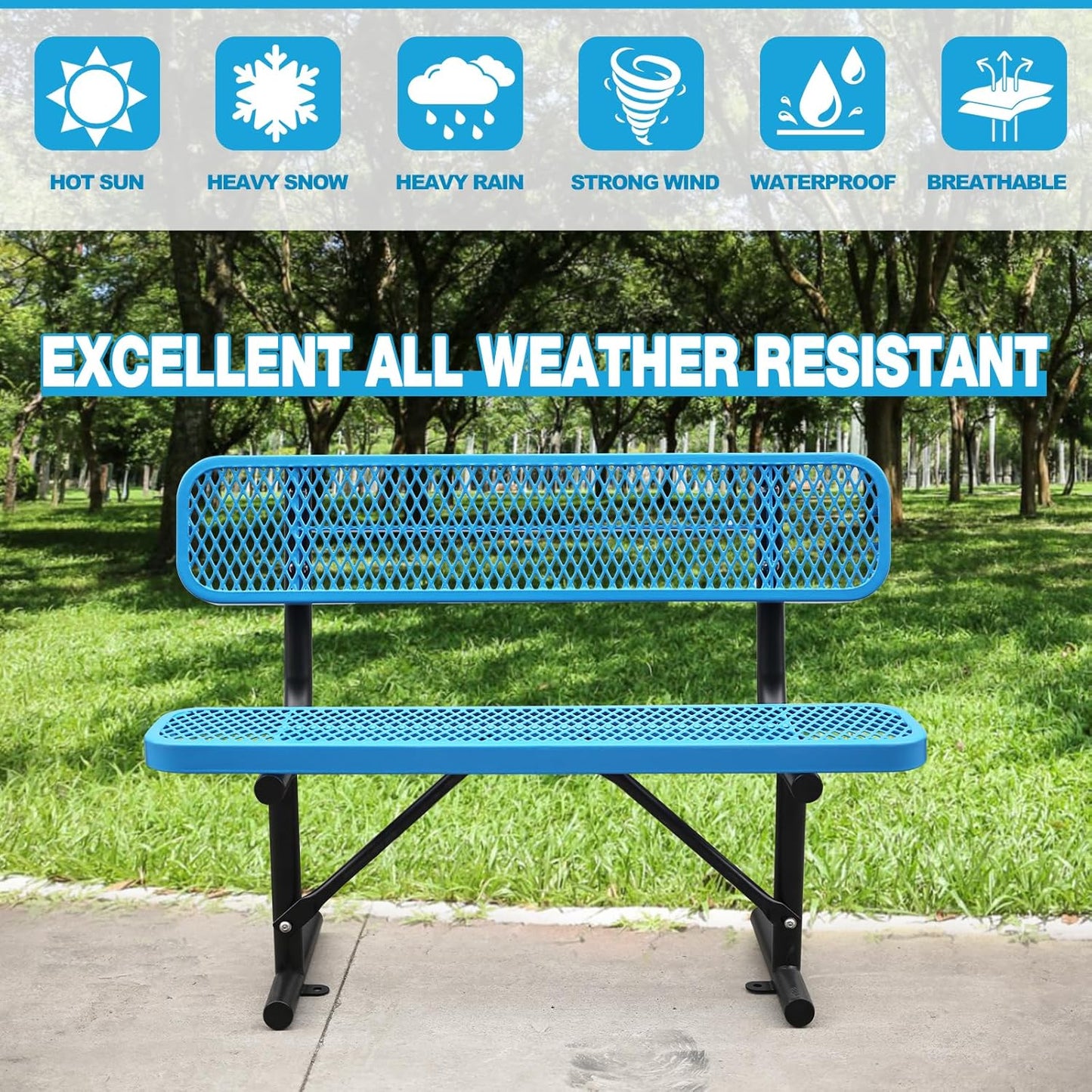 Thermoplastic Coated Iron Park Bench for Outside, Heavy Duty Metal Garden Bench, Expanded Commercial Grade Seating for Shopping Malls, Lawn Yard Porch Entryway (Blue with Backrest, 48IN)