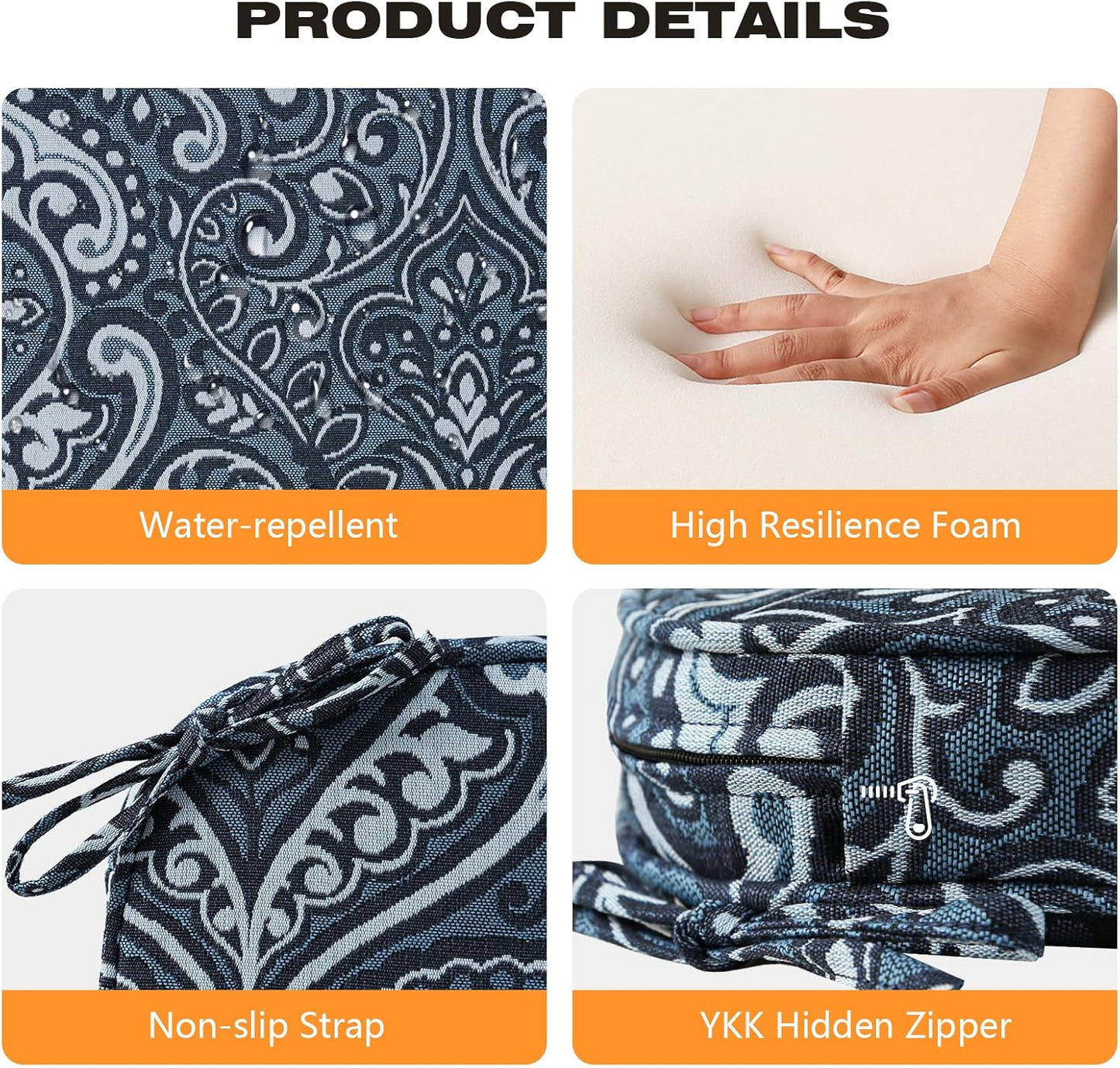 Round Corner Seat Cushions, 17" x 16" x 2", Set of 4, Indoor Outdoor Water Repellent Universal Chair Pads with Ties for Patio Furniture, Garden Deck Dining Chairs, Damask Blue Flower