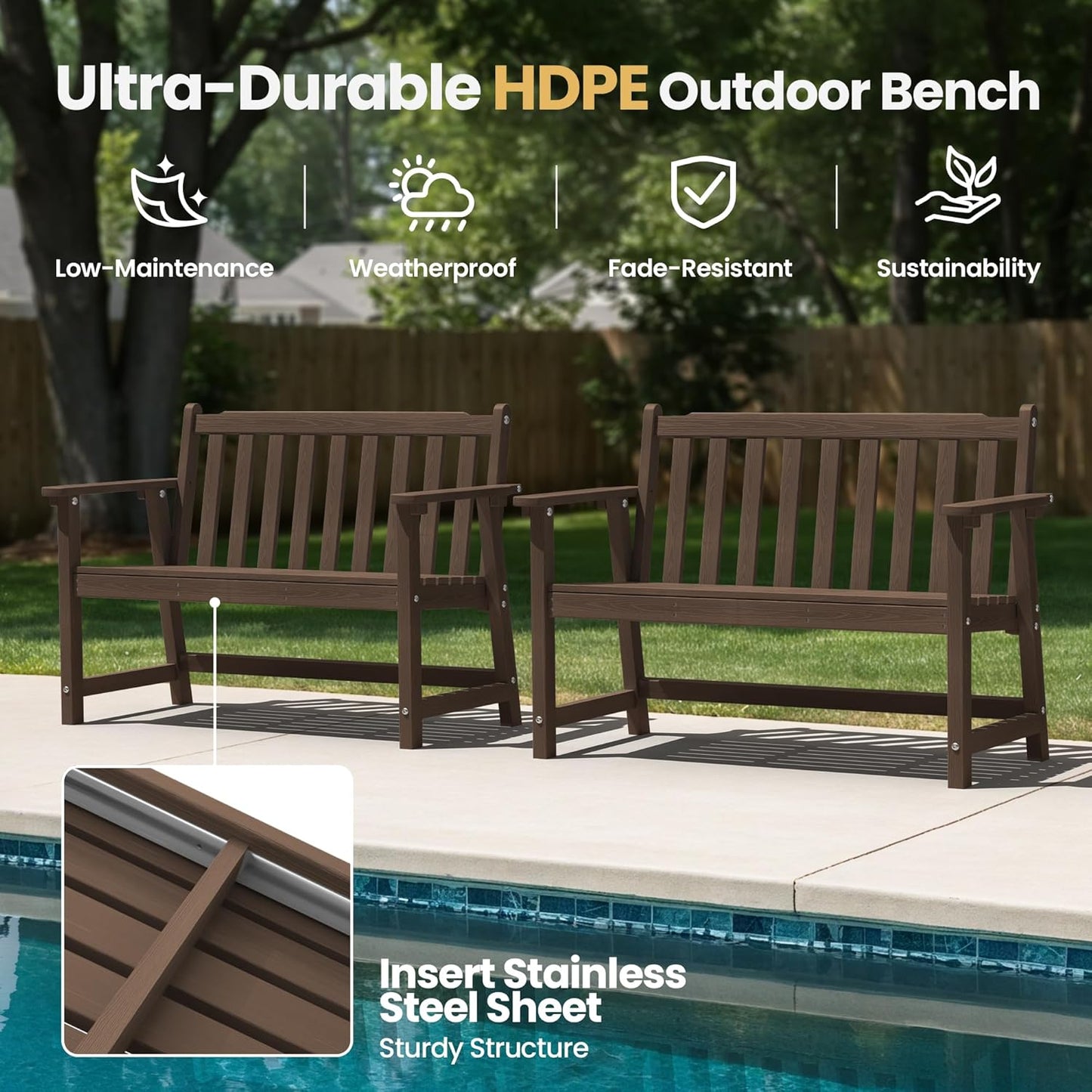 Ciokea 44" Outdoor Bench Set of 2, HDPE Weatherproof Garden Bench, 2-Person Memorial Benches with 550 Lbs, Waterproof Patio Porch Benches for Outside Business Deck Office Backyard Balcony, Brown