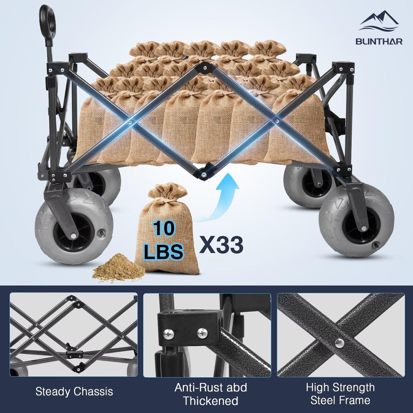 Beach Wagon with Big Wheels for Sand, Heavy Duty Collapsible Folding Wagon with All-Terrain 9" Pneumatic Tires & Drink Holders, Utility Wagon for Garden Sports Camping Outdoor Activities