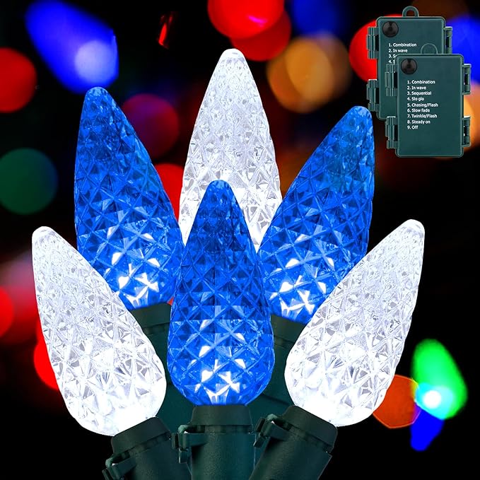 Brightown C6 LED Christmas String Lights - 2 Pack Each 20ft 60LED Battery Operated Strawberry String Lights with Timer and 8 Light Modes for Christmas Trees Wreaths, Indoor Xmas Decor, Blue and White