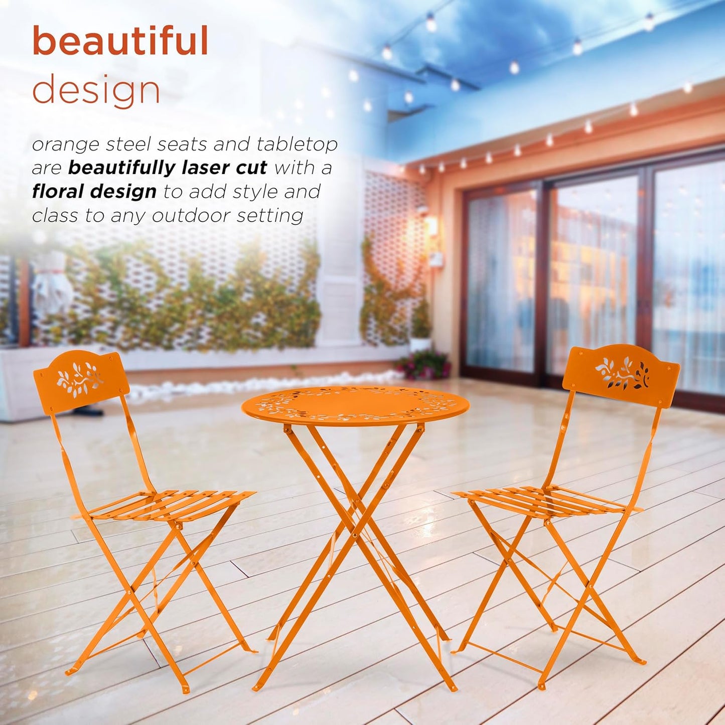 Alpine Corporation Indoor/Outdoor 3-Piece Bistro Set Folding Table and Chairs Patio Seating, Orange