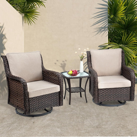 Towallmark Outdoor Swivel Wicker Glider Patio Chairs with Table Set, 3 Pieces Outdoor Bistro Set with 4”Thick Cushions and Coffee Table for Porch, Balcony, Deck (Beige)