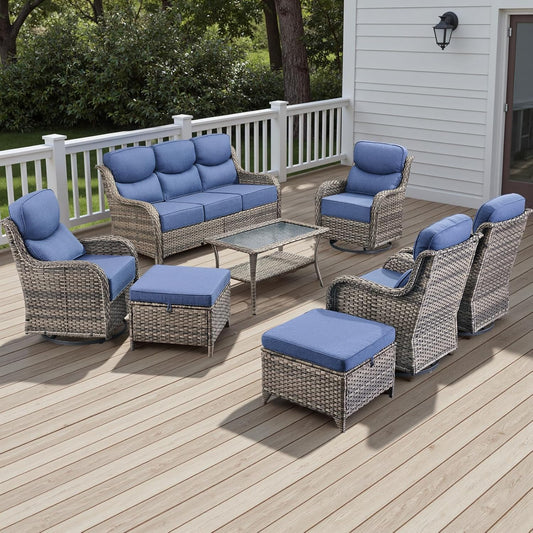 Wicker Outdoor Patio Furniture Set - 8 Piece Patio Conversation Sets with Swivel Rocker Chairs, Ottomans, Sofa and Table, 6 inch Cushions, Deep Seating, for Porch Deck Mixed Grey/Blue