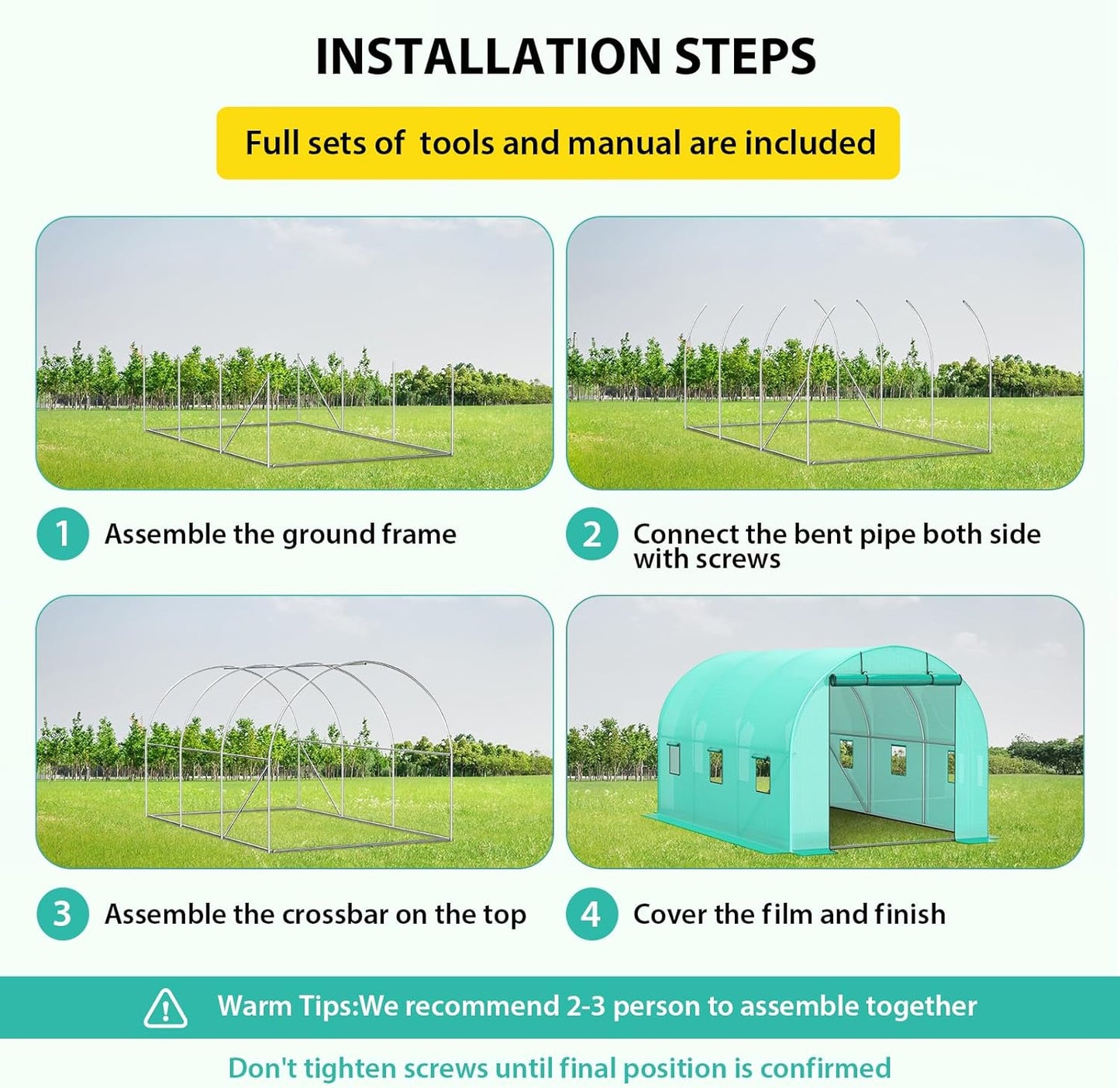 Compact Greenhouse Kit 8'x13'x7' with Galvanized Frame, 140G Green PE Cover, 2 Doors & 6 Windows for Outdoor Gardening