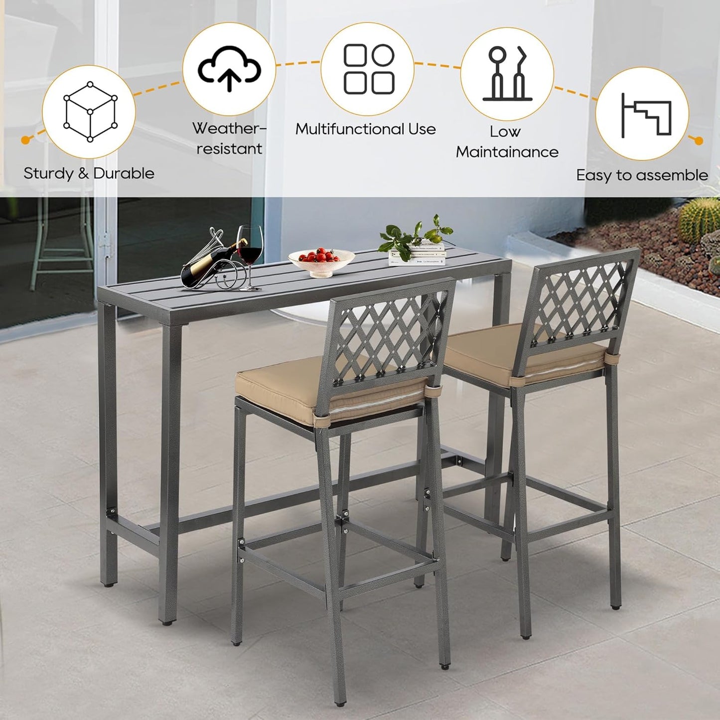 Outdoor Patio Bar Set, Bar Height Patio Dining Set, Weather-Resistant Bistro Counter Pub Set with Cushions & Slatted Tabletop for Backyard, Garden, Yard (47" Table, 2 "X Style Stool, Gray)