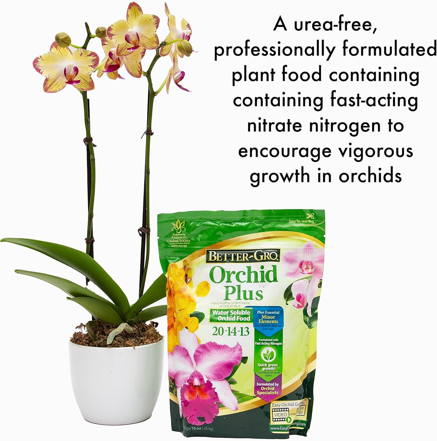 Better-Gro Orchid Plus 20-14-13 - Urea-Free Orchid Fertilizer for Vigorous Growth, Water Soluble, Nitrate Nitrogen-Rich, Ideal for Indoor Potted Plants and Tropical Plants - 16 oz Resealable Bag