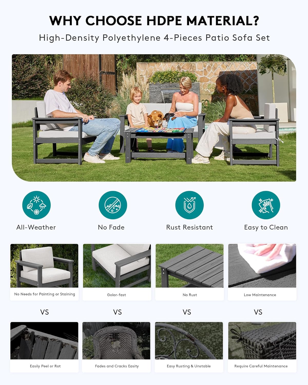SERWALL 3 Pieces HDPE Outdoor Sofa Set with Cushions, All Weather Use Patio Couch Loveseat Furniture with Coffee Table for Balcony, Deck, Poolside, Grey Frame with Khaki Cushions