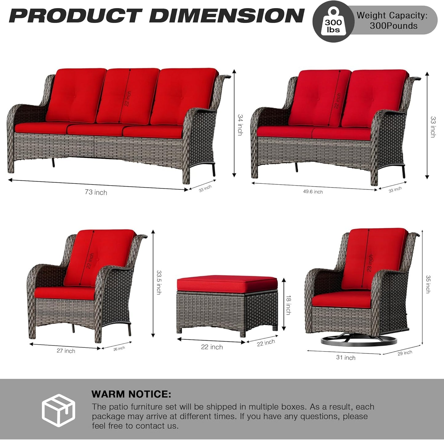 Joyside Wicker Patio Furniture Sets 7 Piece Set with One 3-Seat Sofa, Four Armchairs, Two Ottomans, Wicker Outdoor Furniture Sectional Conversation Set(Mixed Grey/Red)