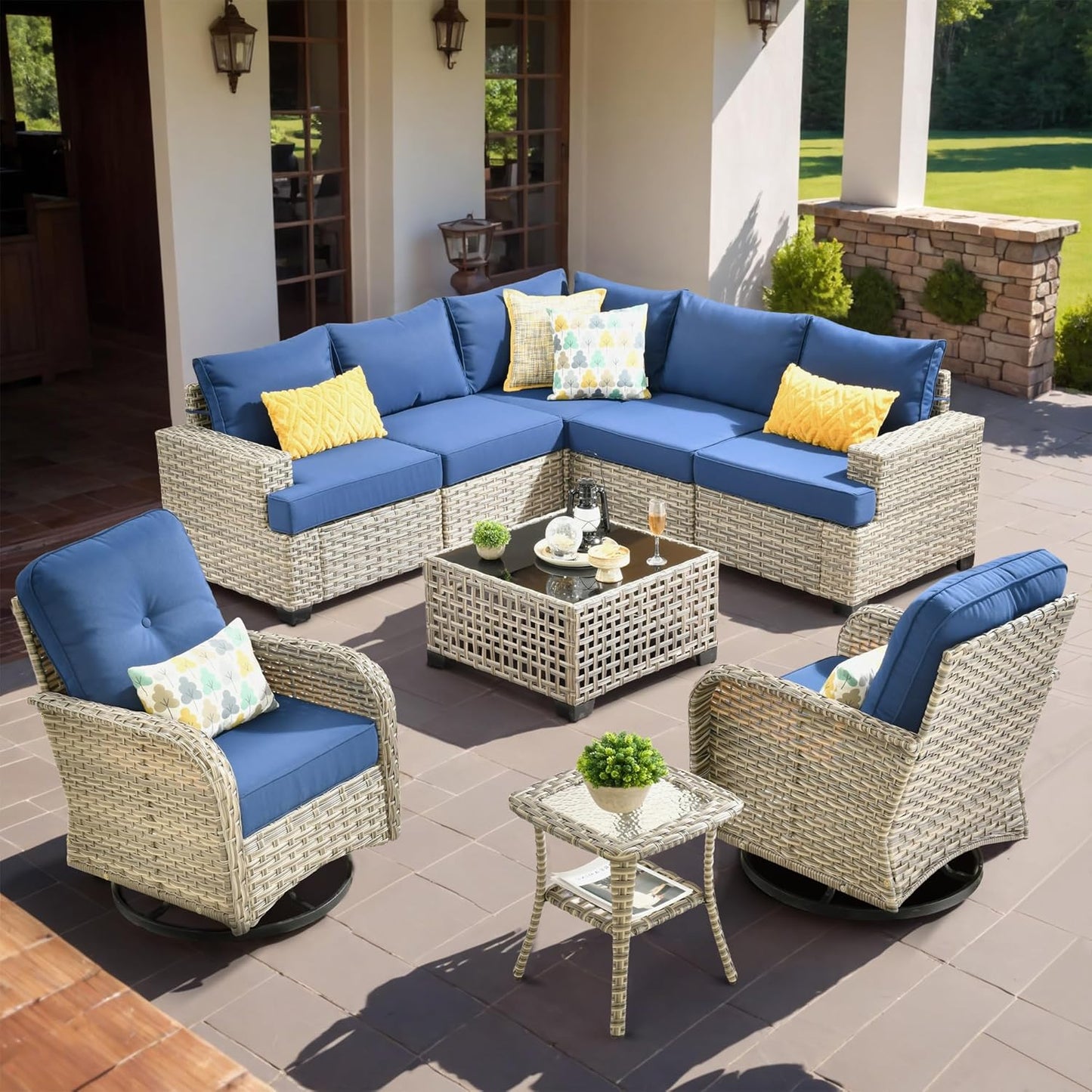 HOOOWOOO Outdoor Sectional Patio Furniture Set,9 Pieces Wicker Conversation Sets L Shaped Couch,Extra Deep Out Door Sofa Outside Furniture with Rocking Chairs,Navy Blue