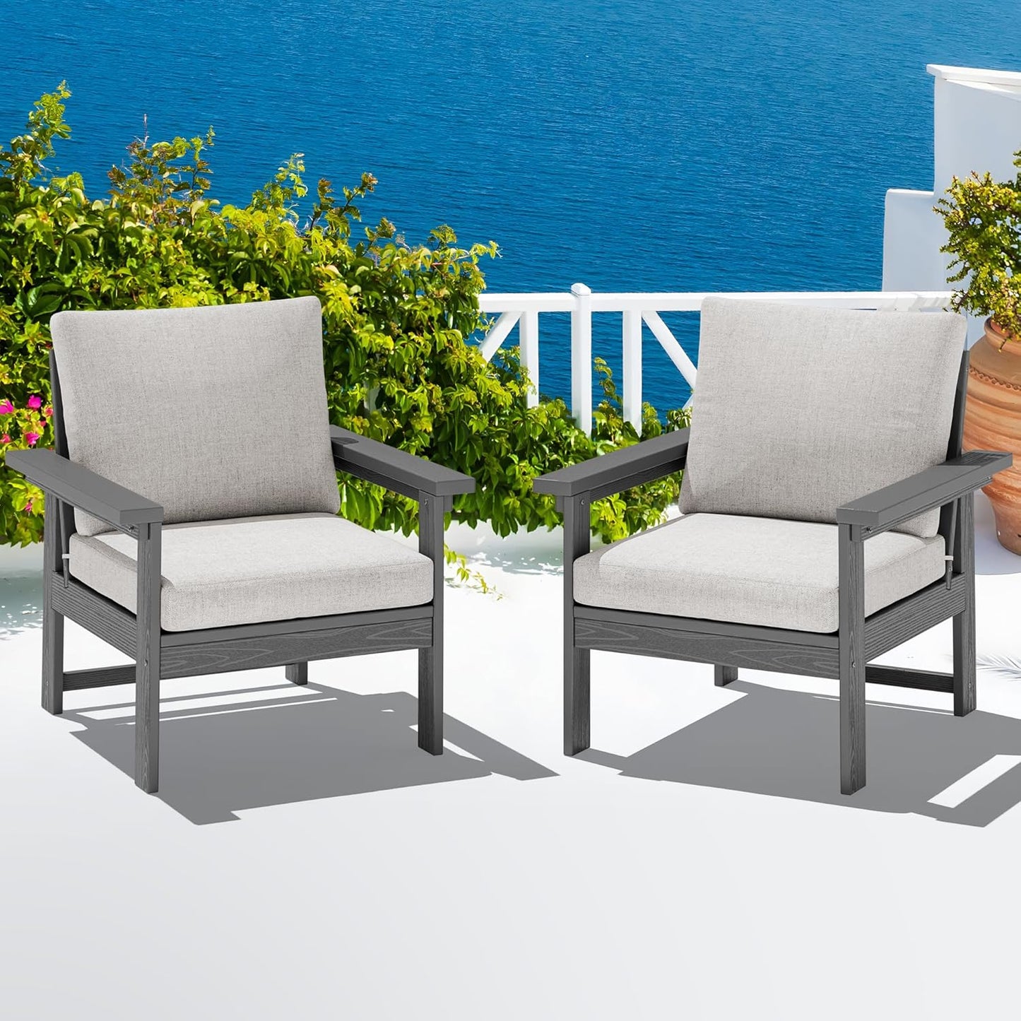 SERWALL Outdoor Patio Sofa Set, 2-Piece HDPE Single Seat Outdoor Sofa Chair with Padded Cushions, Gray Frame with Beige Cushion