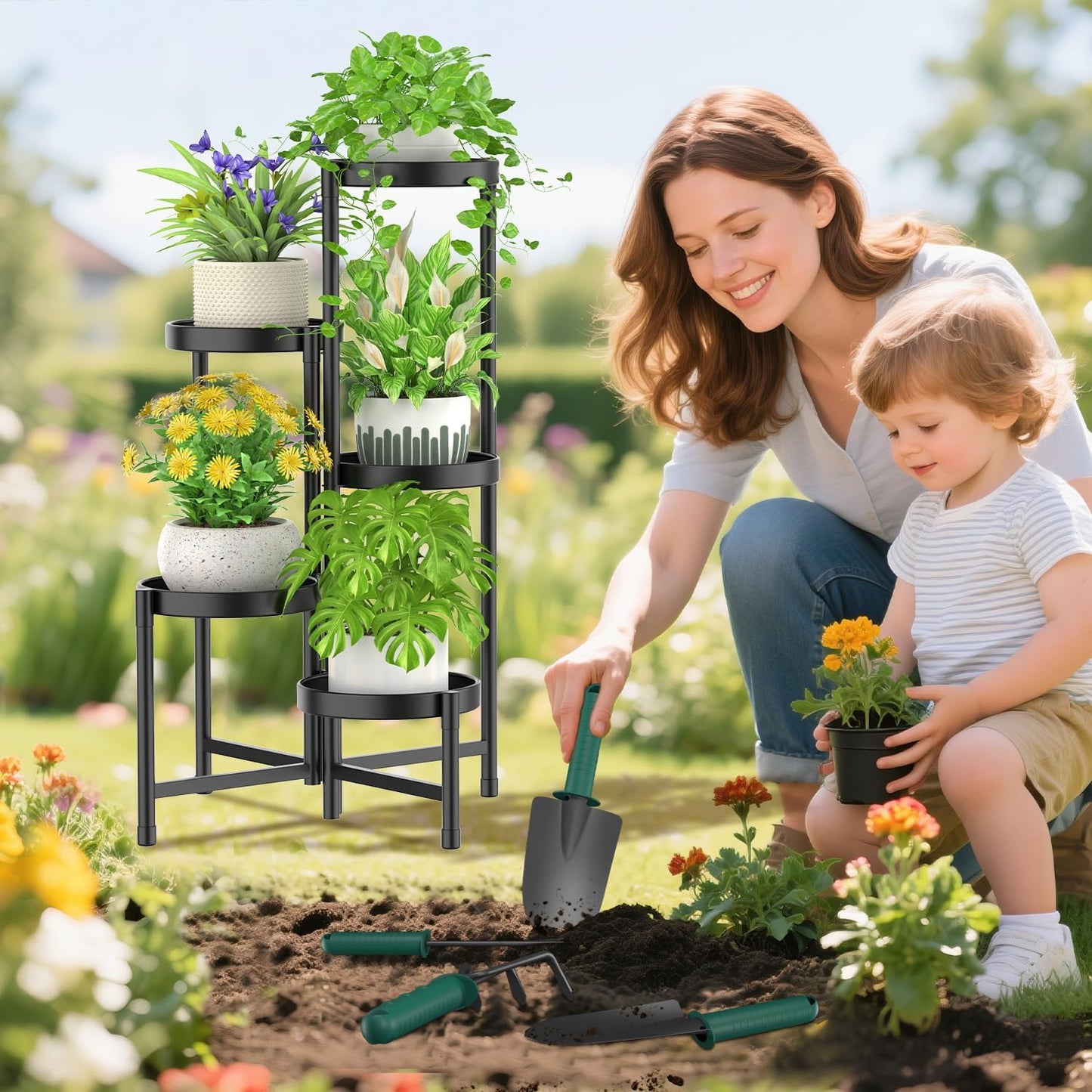 iDavosic.ly Plant Stand with Garden Tools, 5 Tier Corner Metal Flower Display Holder Shelf Indoor Outdoor, Folding Tall Orchid Rack for Patio Balcony Porch Living Room House, Black