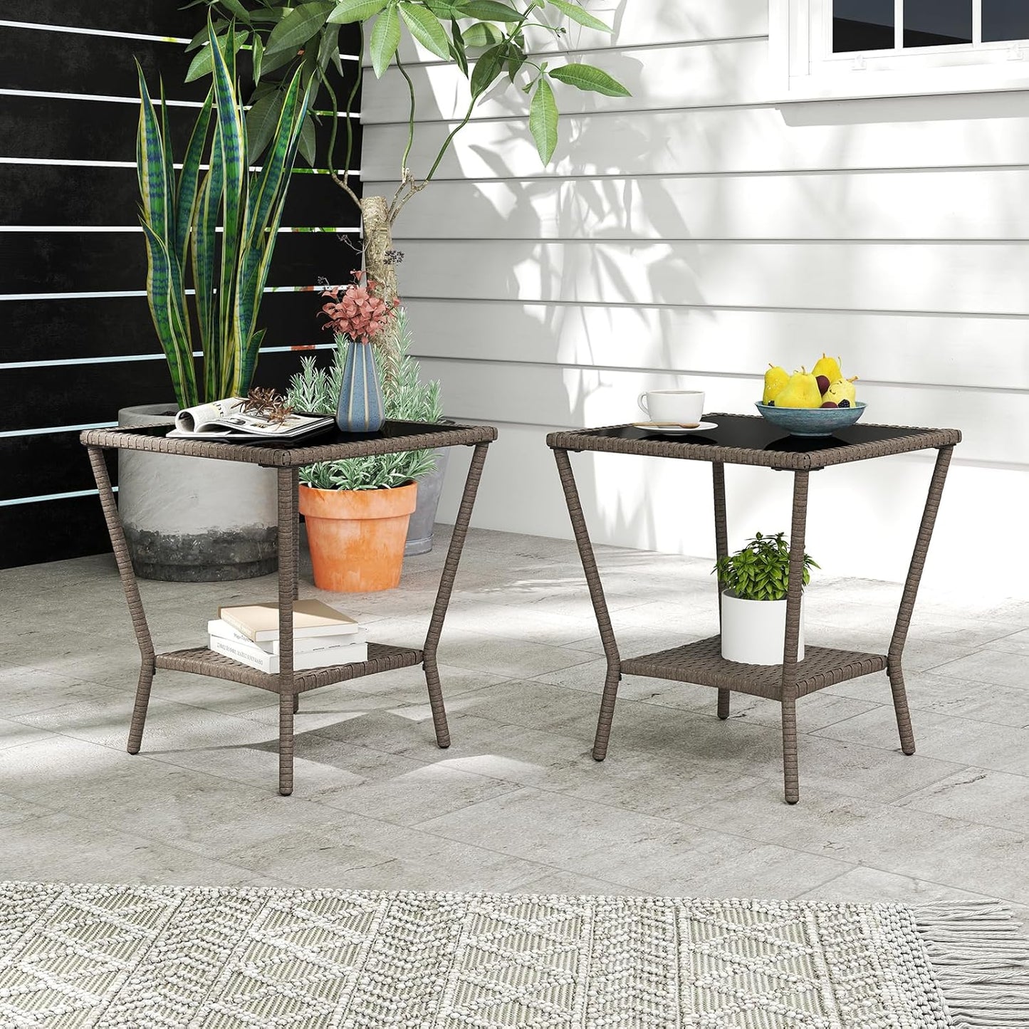 Outdoor Small Patio Table - PE Rattan Coffee Table, Wicker Side Table for Patio, Balcony & Porch, Durable & Iron Frame (2, Sesame Brown)