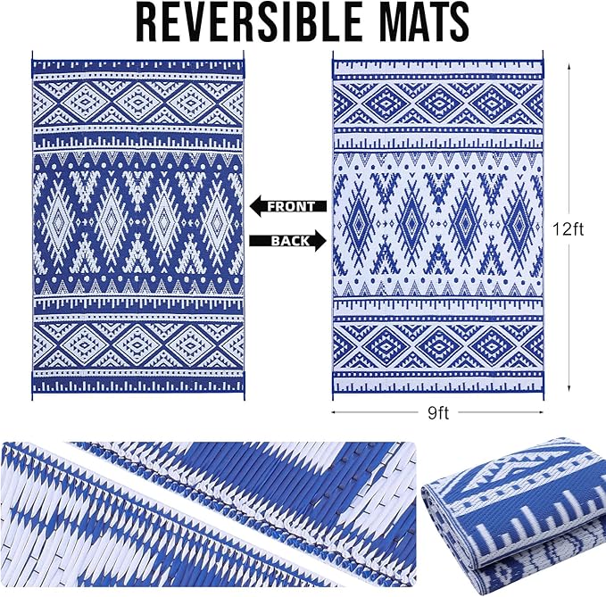 OLANLY Outdoor Rug Waterproof 9x12 ft, Reversible Outdoor Plastic Straw Rug, Boho Patio Rug, Indoor Outdoor Carpet, RV Mat Outside for Patio, Camp, Picnic, Balcony, Deck, Backyard, Blue & White
