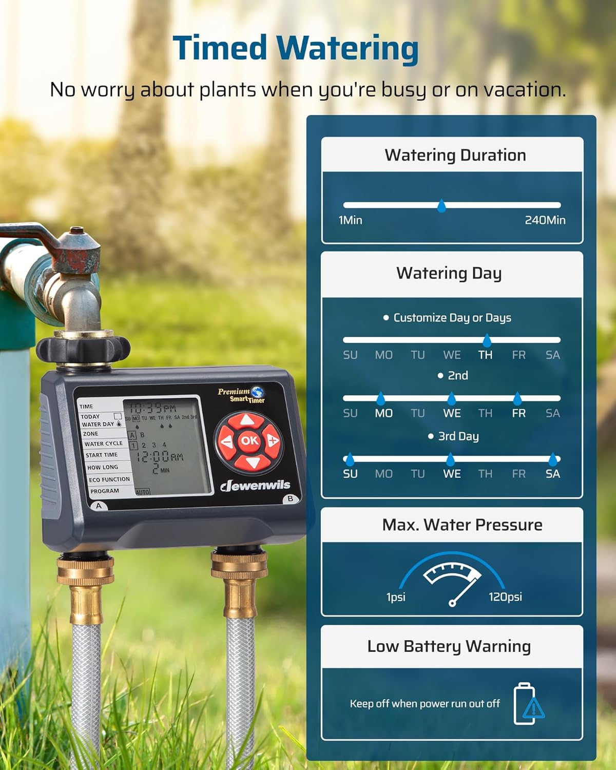 DEWENWILS Sprinkler Timer 2 Zone, Water Timer for Garden Hose, Programmable Hose Timer Faucet Watering with Automatic/Rain Delay/Manual Mode, Outdoor Irrigation Controller for Lawn, Yard