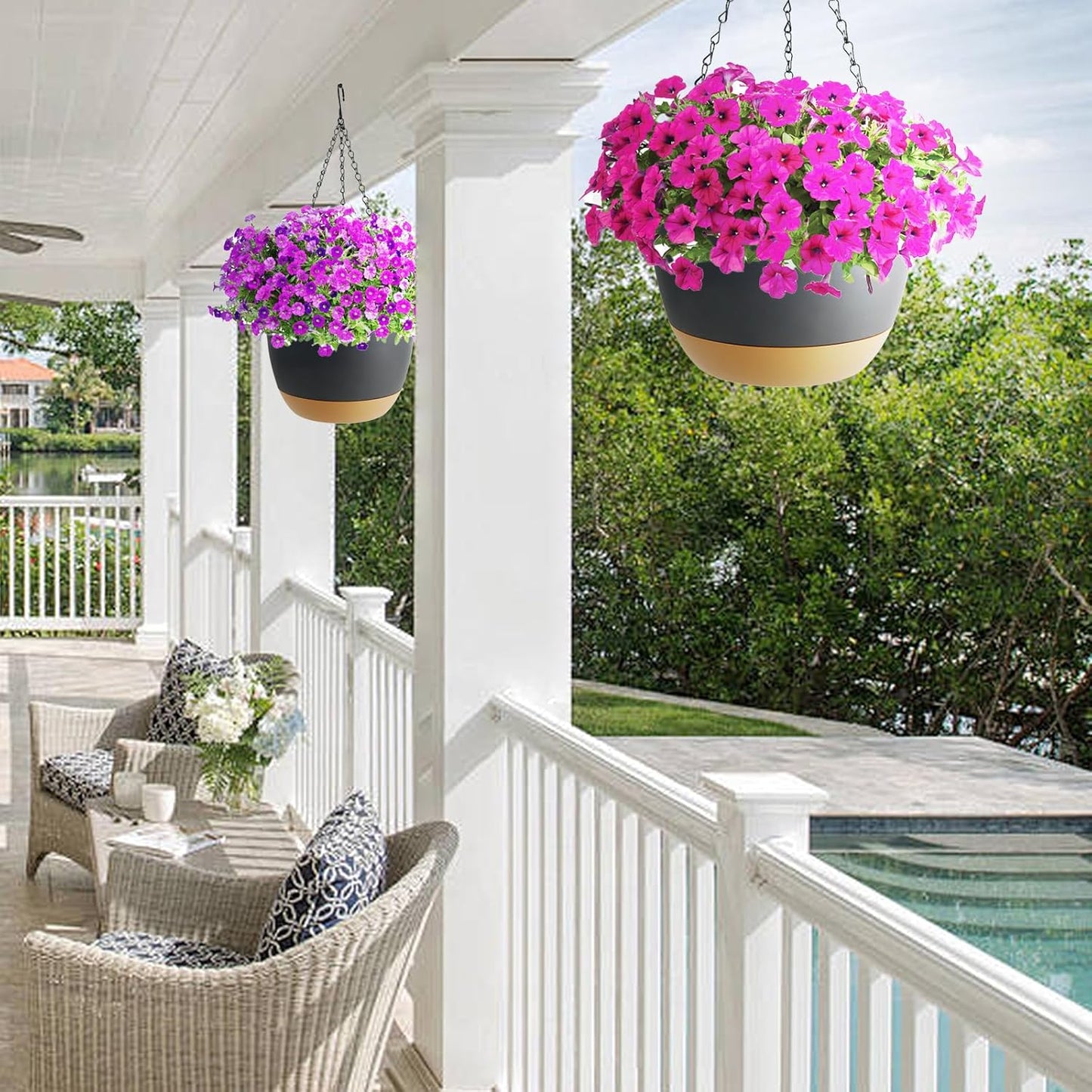 2 Pack Hanging Planters Set,10 Inch Indoor Outdoor Hanging Plant Pot Basket,Hanging Flower Pot with Drainage Hole with 3 Hooks for Garden Home… (Black Hanger Black Planters)