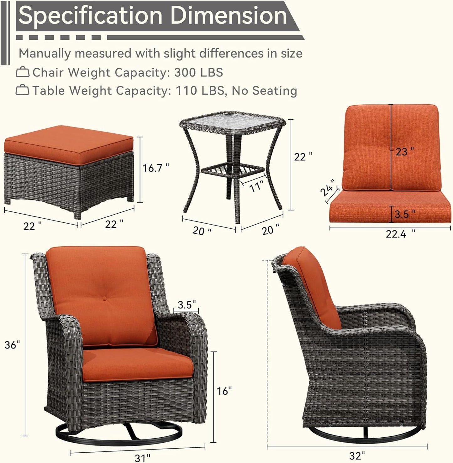 5 Piece Outdoor Patio Furniture Set Wicker Conversation Set Swivel Rocking Chairs with Side Table and Ottomans for Backyard, Porch, Deck, Orange
