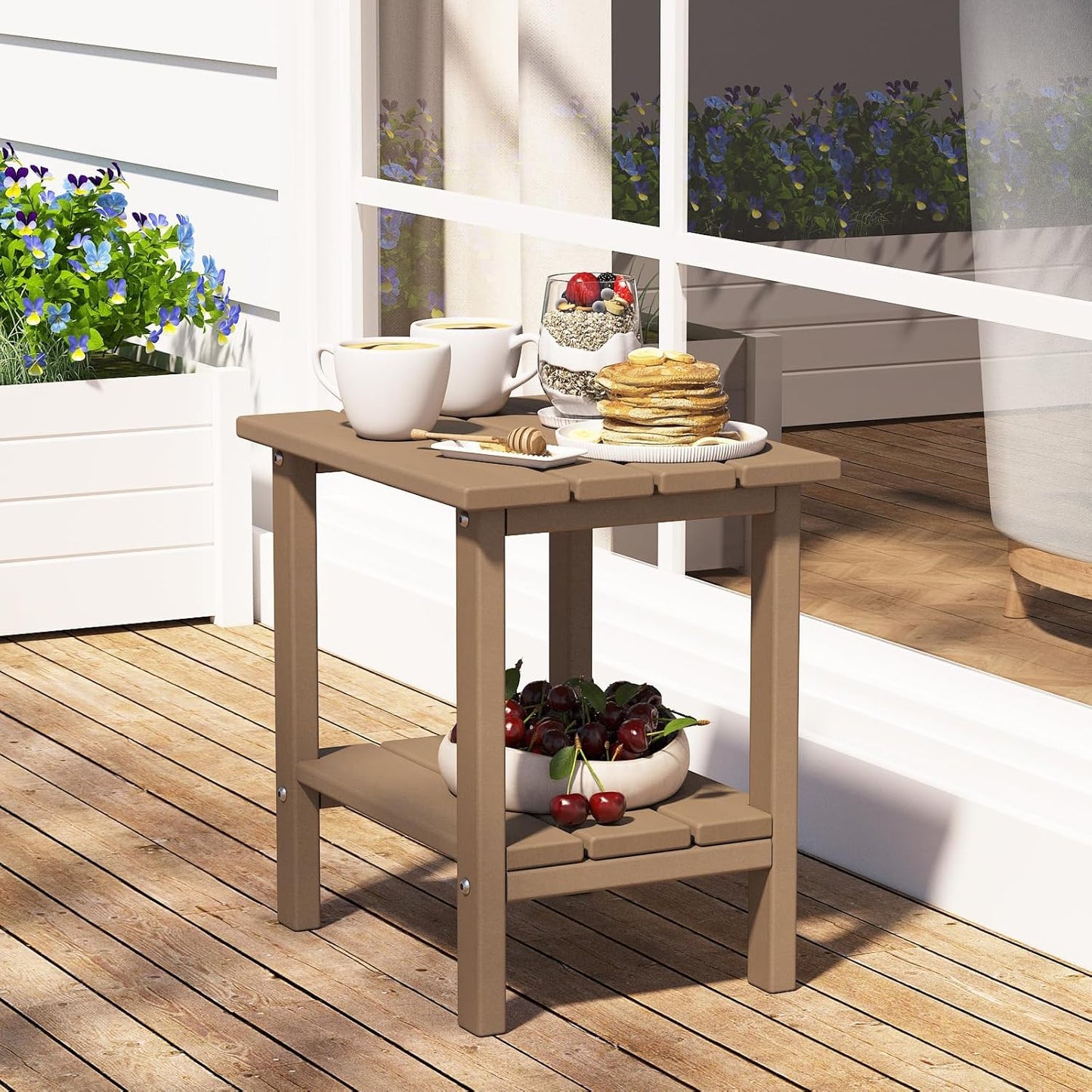 Outdoor Side Table, 2-Tier Adirondack Storage Patio Side Table, Weather Resistant Patio End Table for Backyard & Pool, Durable HDPE Small Outdoor Table, Brown