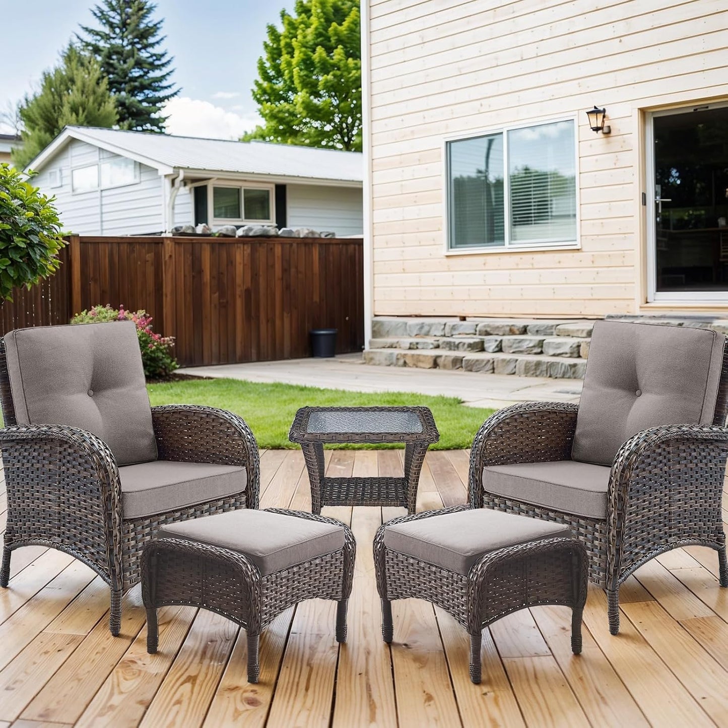 HUMMUH 5 Pieces Patio Furniture Set Wicker Outdoor Bistro Chairs with Ottomans Glass Top Side Table,Outdoor Conversation Set for Porch Deck Backyard Poolside