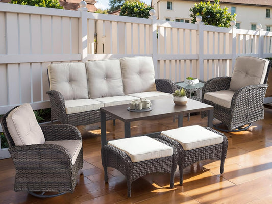 HUMMUH Outdoor Patio Furniture 7-Piece All-Weather PE Wicker Outdoor Conversation Set-Patio Couch Swivel Rocker Chairs with Ottomans Coffee Tables for Backyard,Poolside,Deck