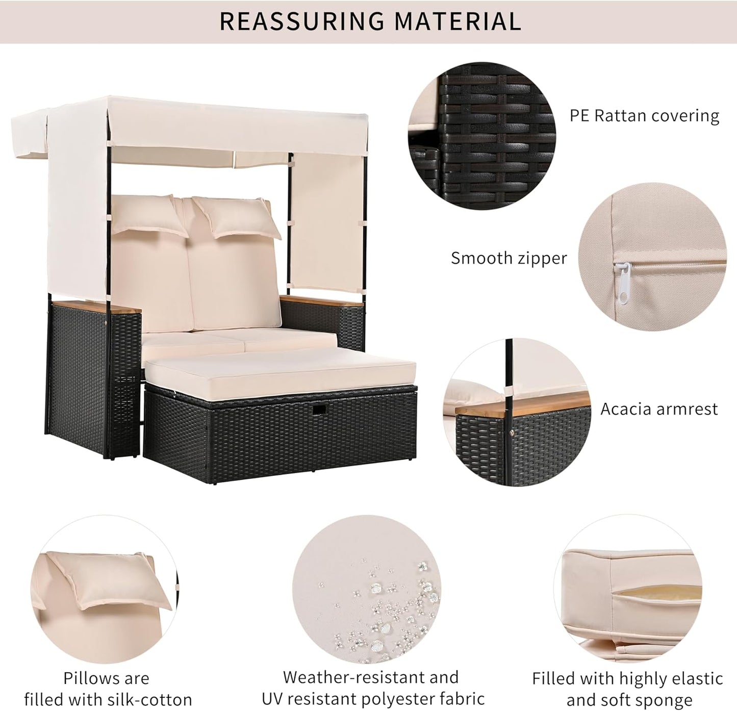 Merax 2-Piece Outdoor Rattan Daybed, Wooden Handrail Table Patio Loveseat Sofa Bed with Bench Lounge Roof Set and Cushions for Poolside, Backyard and Garden, Beige