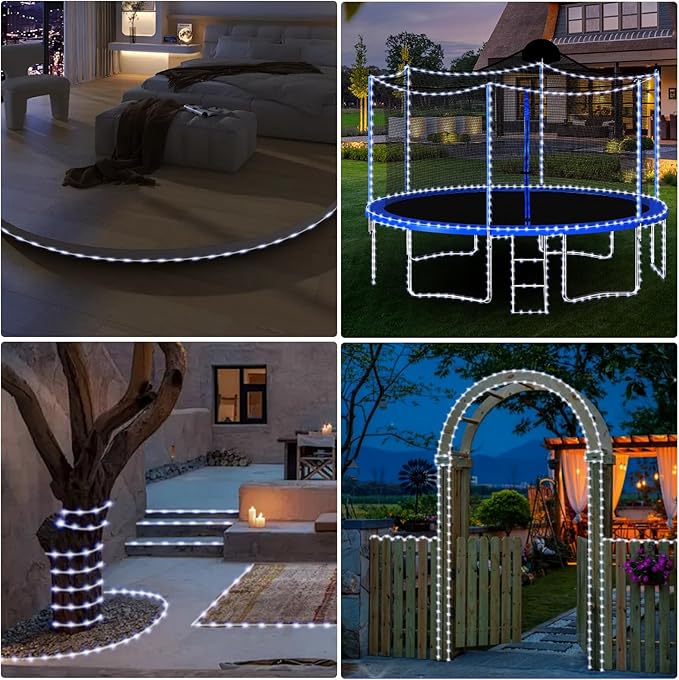 100FT Rope Lights Outdoor, Connectable Trampoline Lights 300LED String Lights Flexible Clear Tube Light Waterproof Rope Light 8 Modes for Camping Yard Pool Canopy Deck Home Outdoor Indoor Decor